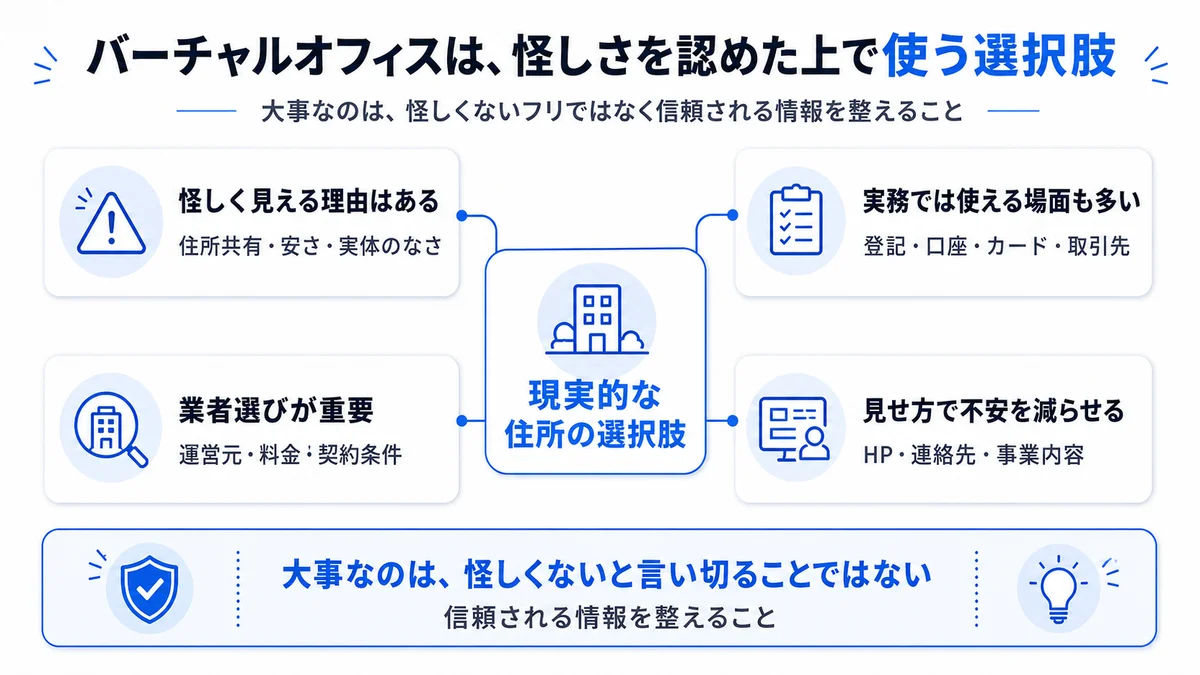 バーチャルオフィスは怪しさを認めた上で使う選択肢になる。怪しく見える理由・実体では使える場面・業者選びの重要性・見せ方で不安を減らす、を整理した図解
